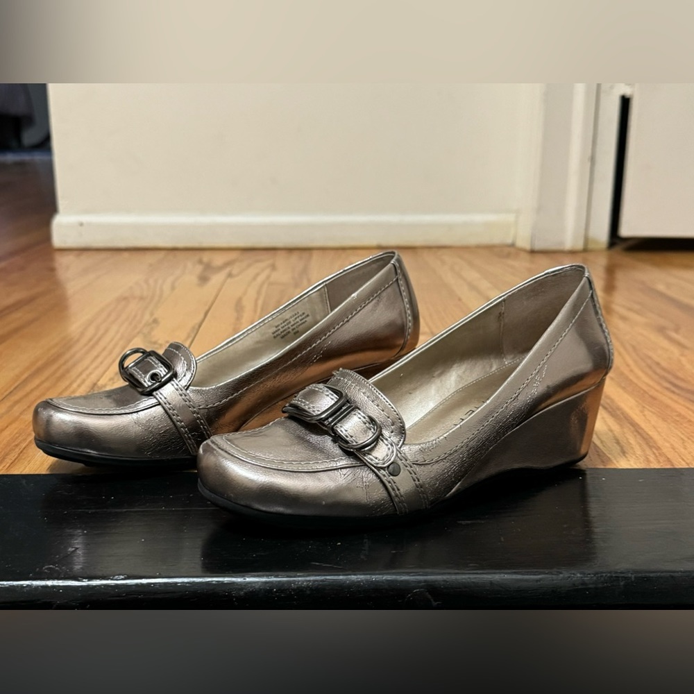 Marc Fisher pewter wedge loafers